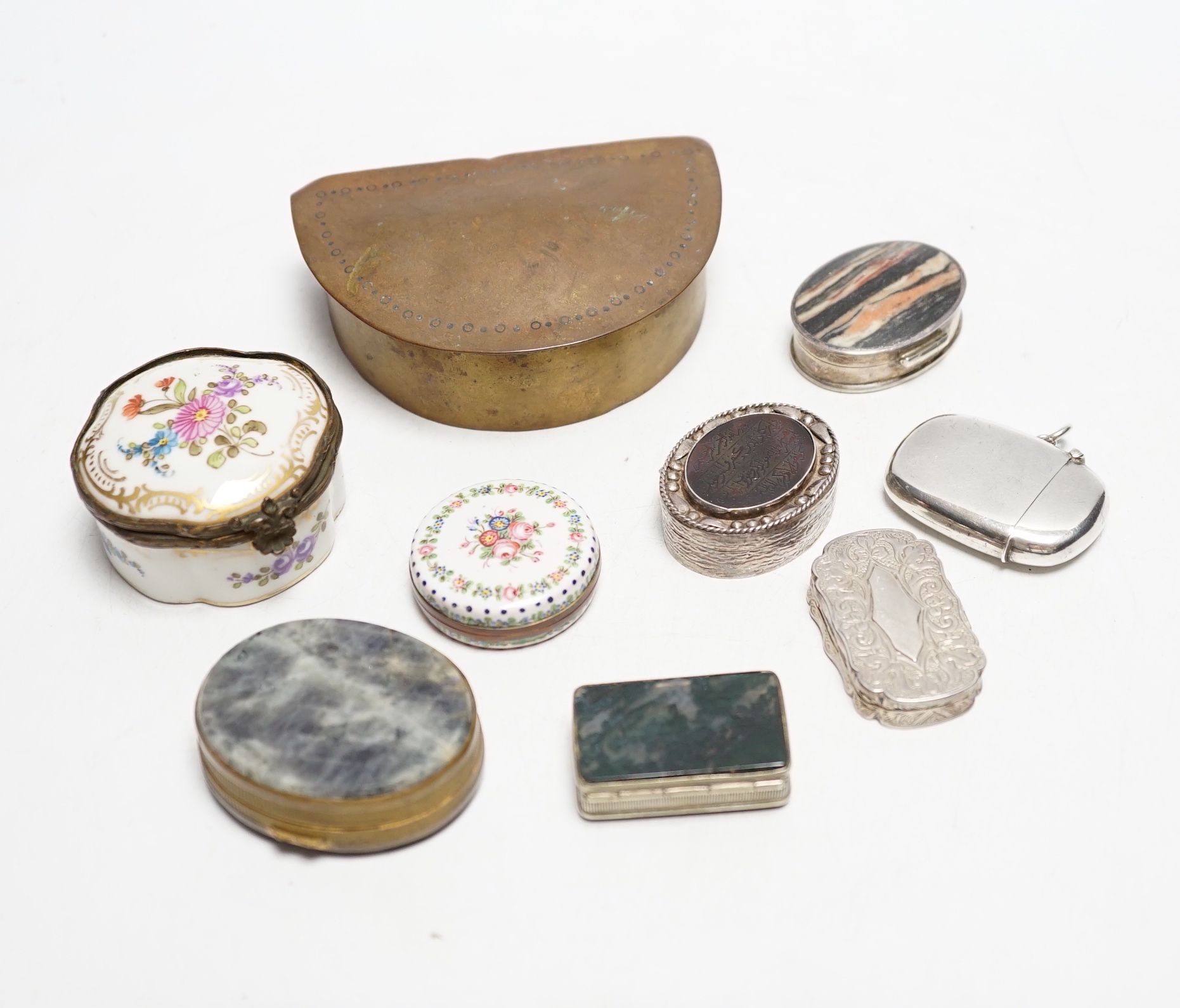 Nine assorted 19th century and later boxes, including painted porcelain, hardstone set, copper, moss agate set, a silver vesta case and silver vinaigrette (lacking grille).